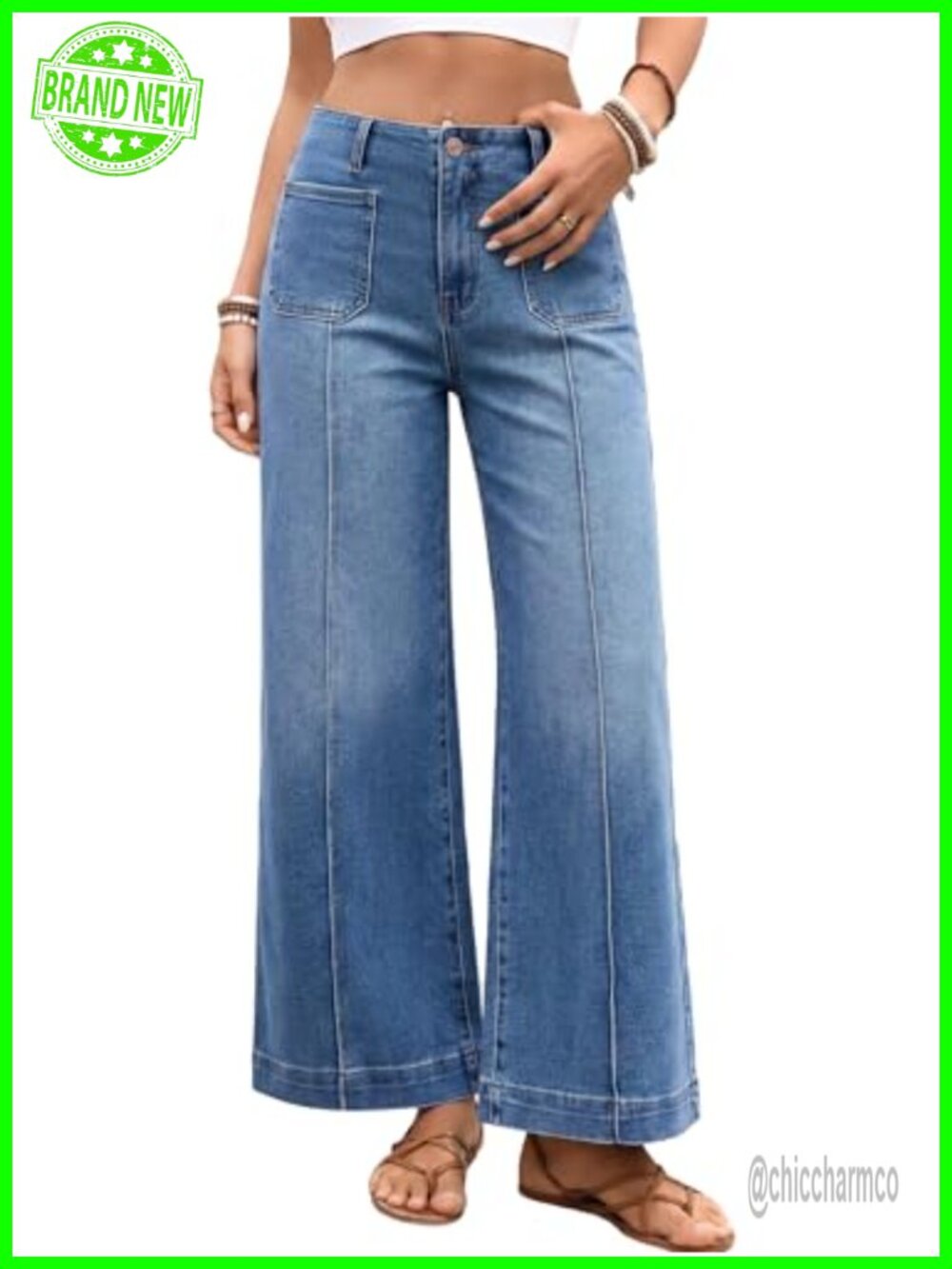 High Waisted Wide Leg Cropped Jeans Front Seam Baggy Denim